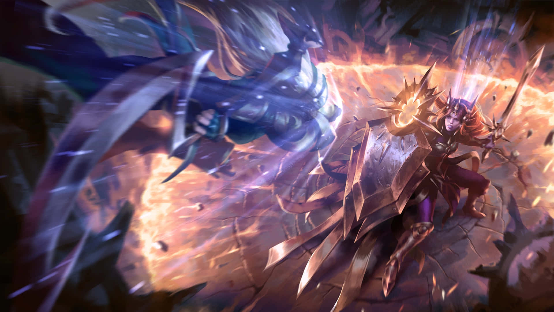 英雄聯盟 1920x1080 遊戲壁紙：持盾女戰士 壁紙 — 兩位奇幻戰士在熾熱的戰鬥中碰撞，手持發光武器，腳下地面碎裂。