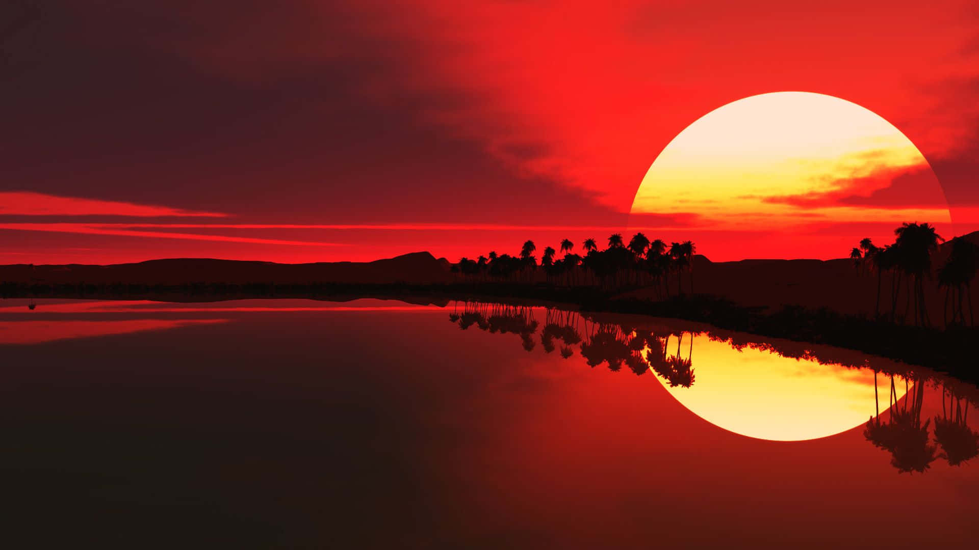 活力四射的 1920x1080 紅色壁紙 壁紙 — 火紅的夕陽在平靜的水面上投下閃爍的倒影，棕櫚樹的剪影映襯著戲劇性的天空。