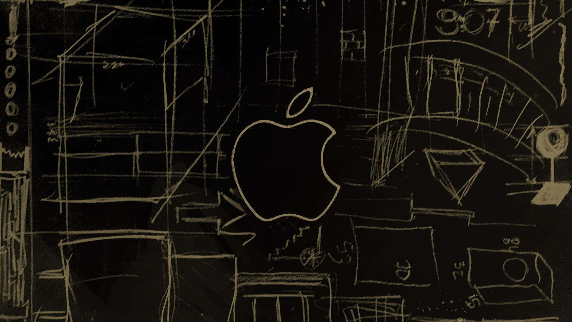 Apple標誌用粉筆繪製在黑板上，帶有技術草圖。