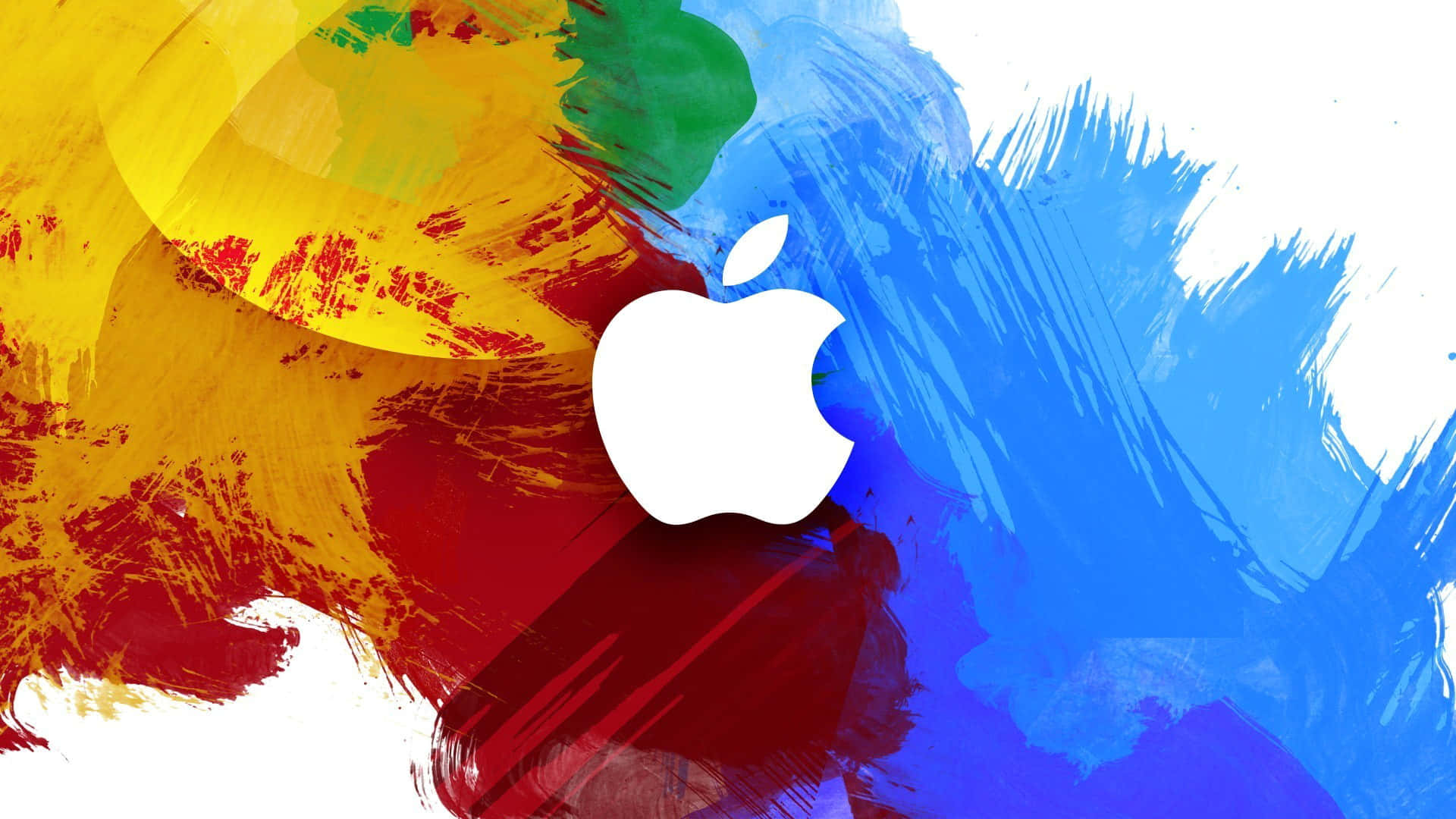 白色Apple標誌在彩色抽象筆觸背景上