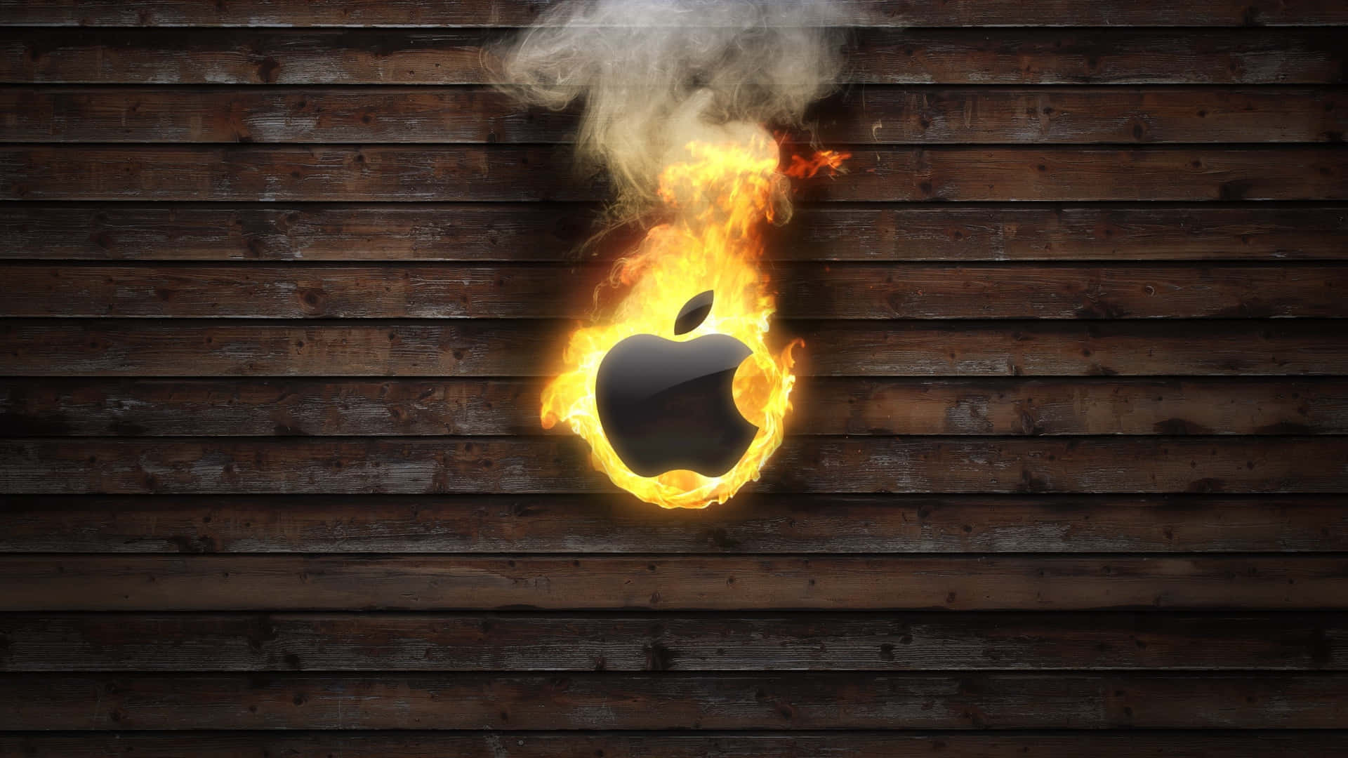 深色木牆上燃燒中的Apple標誌，煙霧升騰。