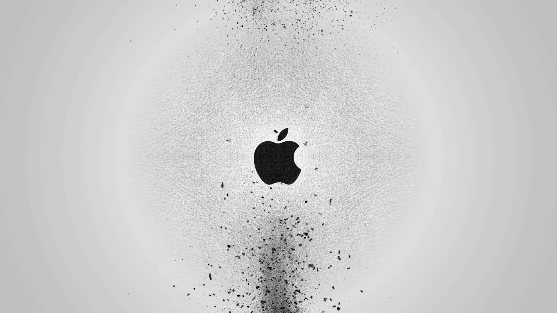 灰色皮革上的黑色Apple標誌，粒子從底部升起。