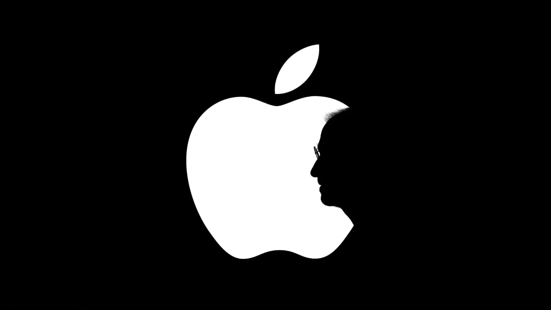 白色Apple標誌，咬痕內含人臉側影剪影，黑色背景。