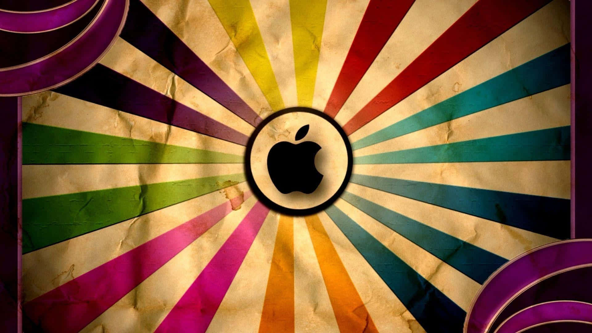Apple標誌居中於色彩繽紛的復古陽光爆發背景上。