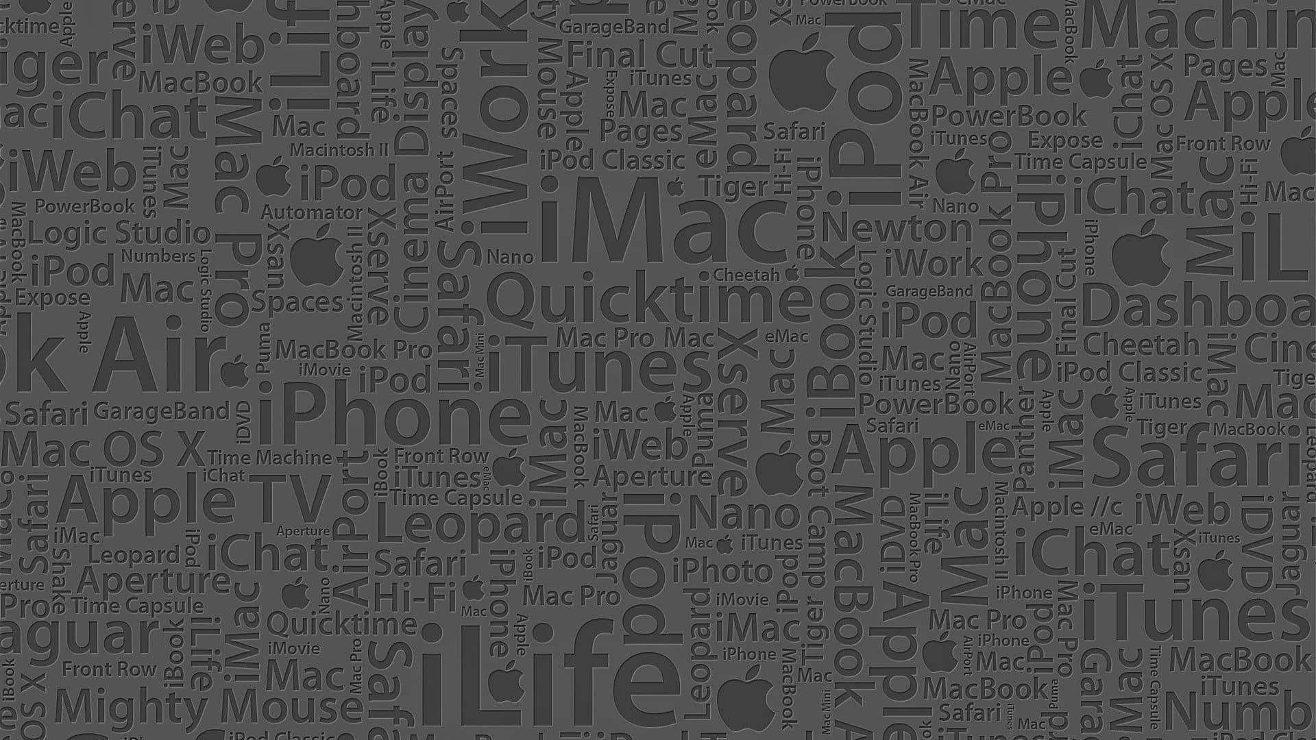Apple 產品名稱和標誌的灰色文字拼貼。