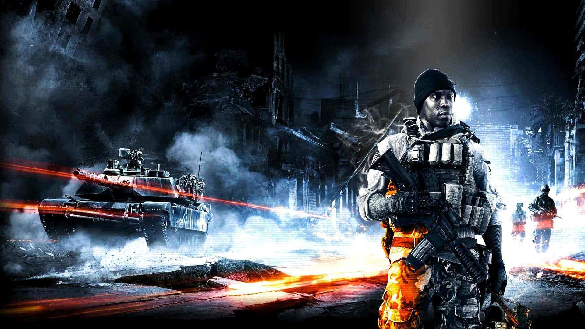 1920x1080《Battlefield 3》第一人稱戰鬥背景 壁紙 — 一名身穿戰術裝備的士兵在戰火摧殘的城市街道上挑釁地站立，一輛坦克穿過煙霧和瓦礫發射紅色激光。
