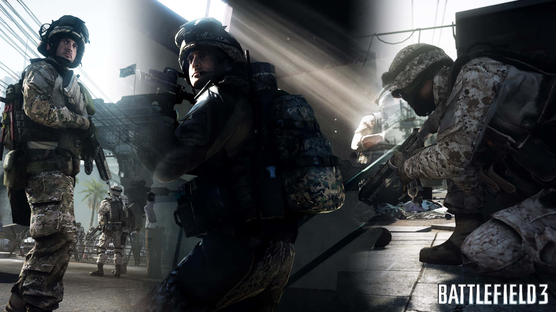 1920x1080《Battlefield 3》單人模式背景 壁紙 — 身穿迷彩裝備的士兵在陽光照耀的城市戰場上持槍前進。