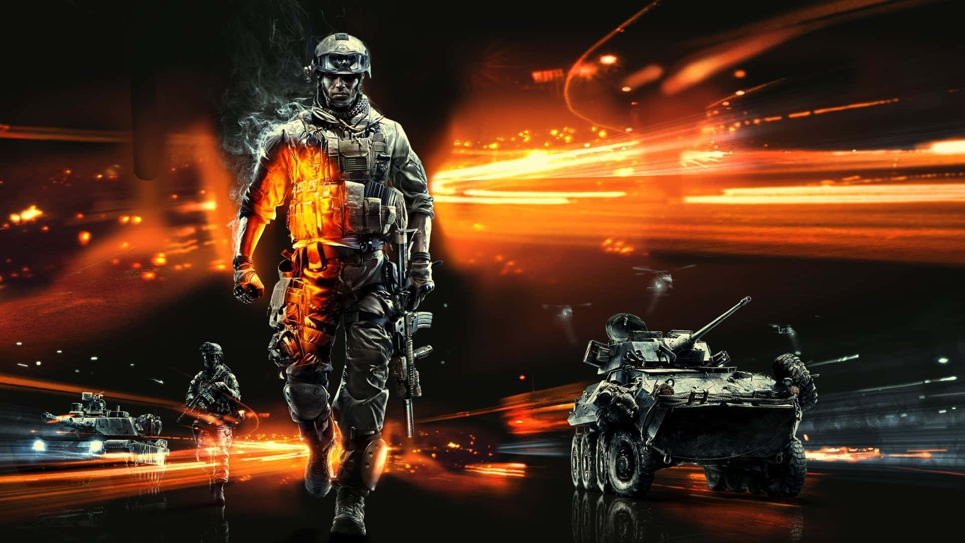 1920x1080《Battlefield 3》PlayStation 3 遊戲背景 壁紙 — 一名身穿戰術裝備的士兵在烈火戰場上前行，裝甲車輛以橙色光線飛馳而過。