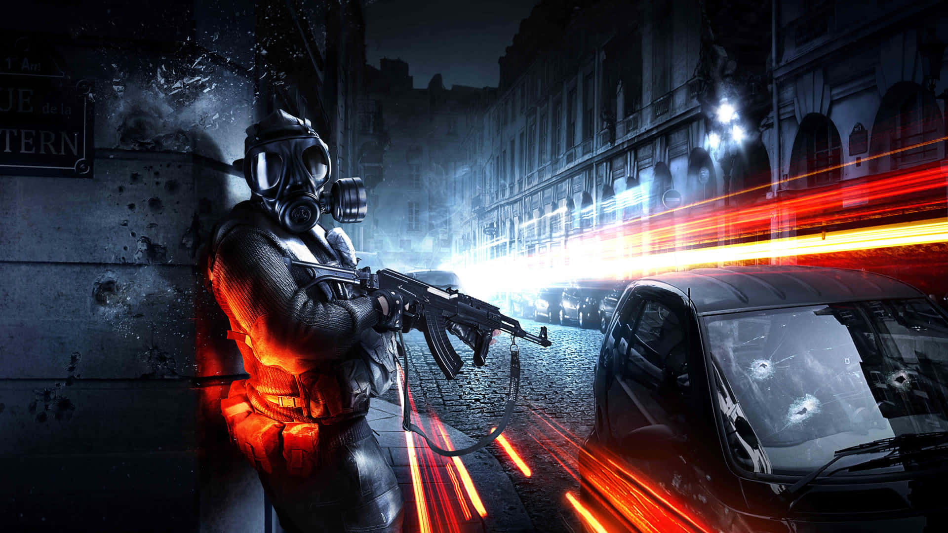 1920x1080《Battlefield 3》全裝備戰士背景 壁紙 — 一名戴著防毒面具的士兵在夜晚霓虹燈照亮的城市街道上開槍射擊，伴有子彈軌跡和一輛受損的汽車。