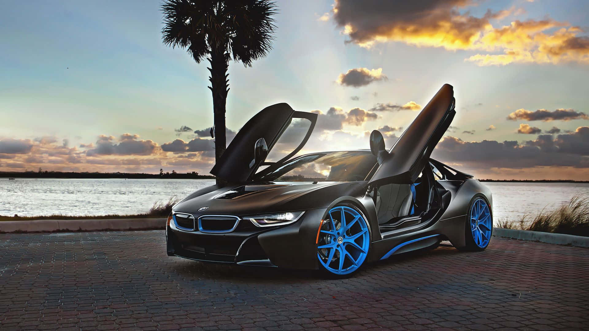 黑色BMW i8配藍色輪圈，停泊在日落時分的水邊。
