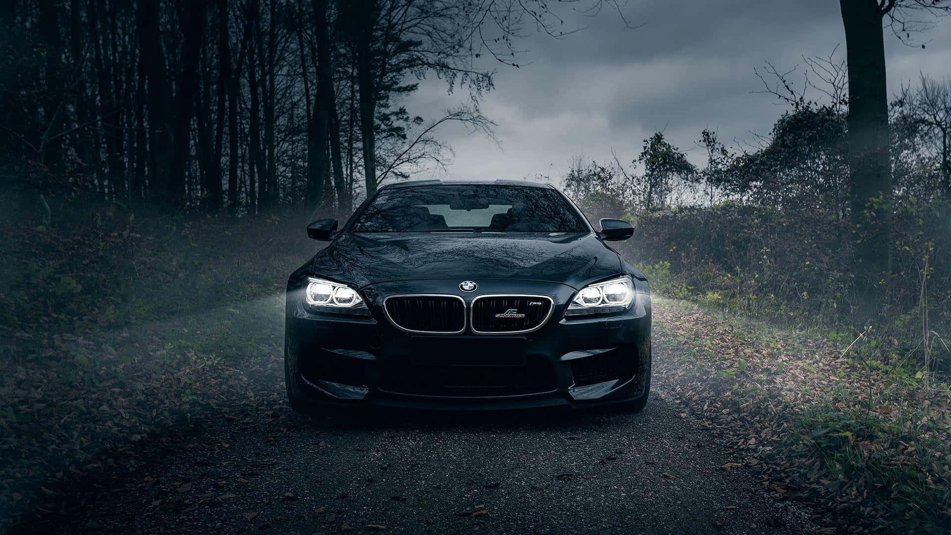 黑色BMW M6跑車夜間在森林道路上行駛，車頭燈亮起。