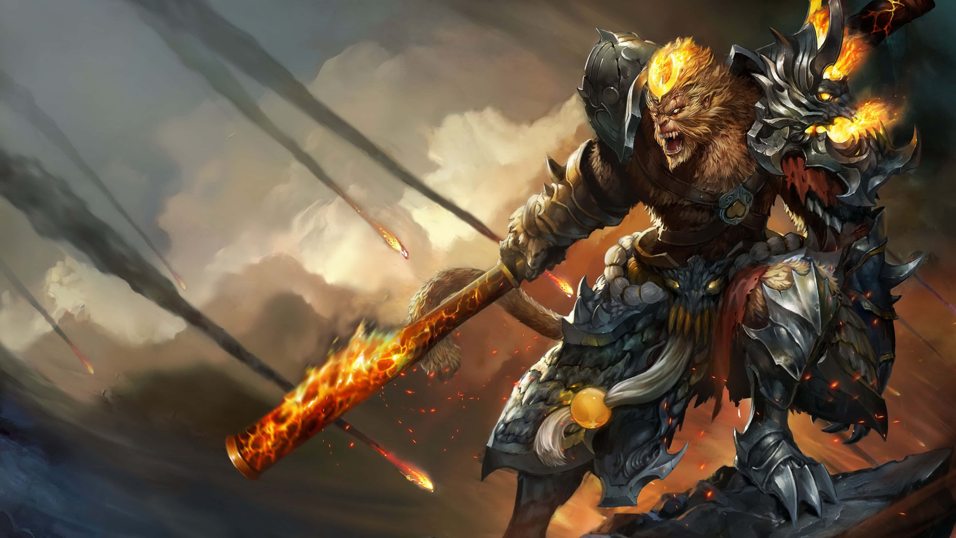 英雄聯盟 1920x1080 遊戲壁紙：狂戰士戰士 壁紙 — 一個兇猛的猴子戰士身穿華麗盔甲，在暴風雨的天空下揮舞著火焰杖，伴隨著墜落的流星。