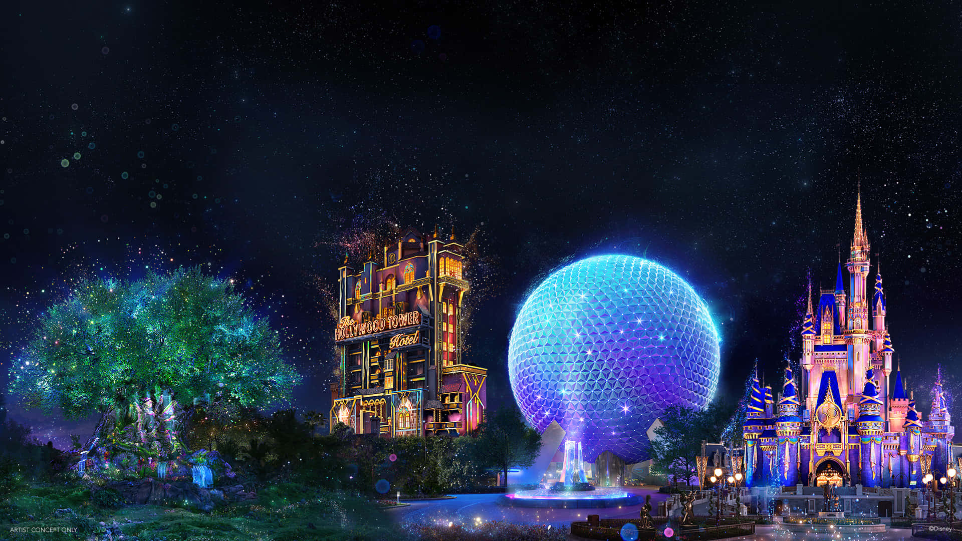 1920x1080迪士尼瘋狂夜景 壁紙 — 迪士尼世界的神奇夜景，閃爍的好萊塢塔酒店、太空船地球和灰姑娘城堡在星空下熠熠生輝。