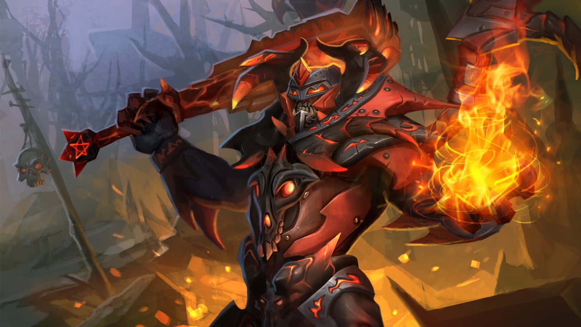 1920x1080 Dota 2 的 Doom 持棍背景 壁紙 — 一個惡魔戰士身穿火紅盔甲，在煙霧瀰漫的戰場上揮舞著火焰武器，周圍有頭骨和破碎的建築物。