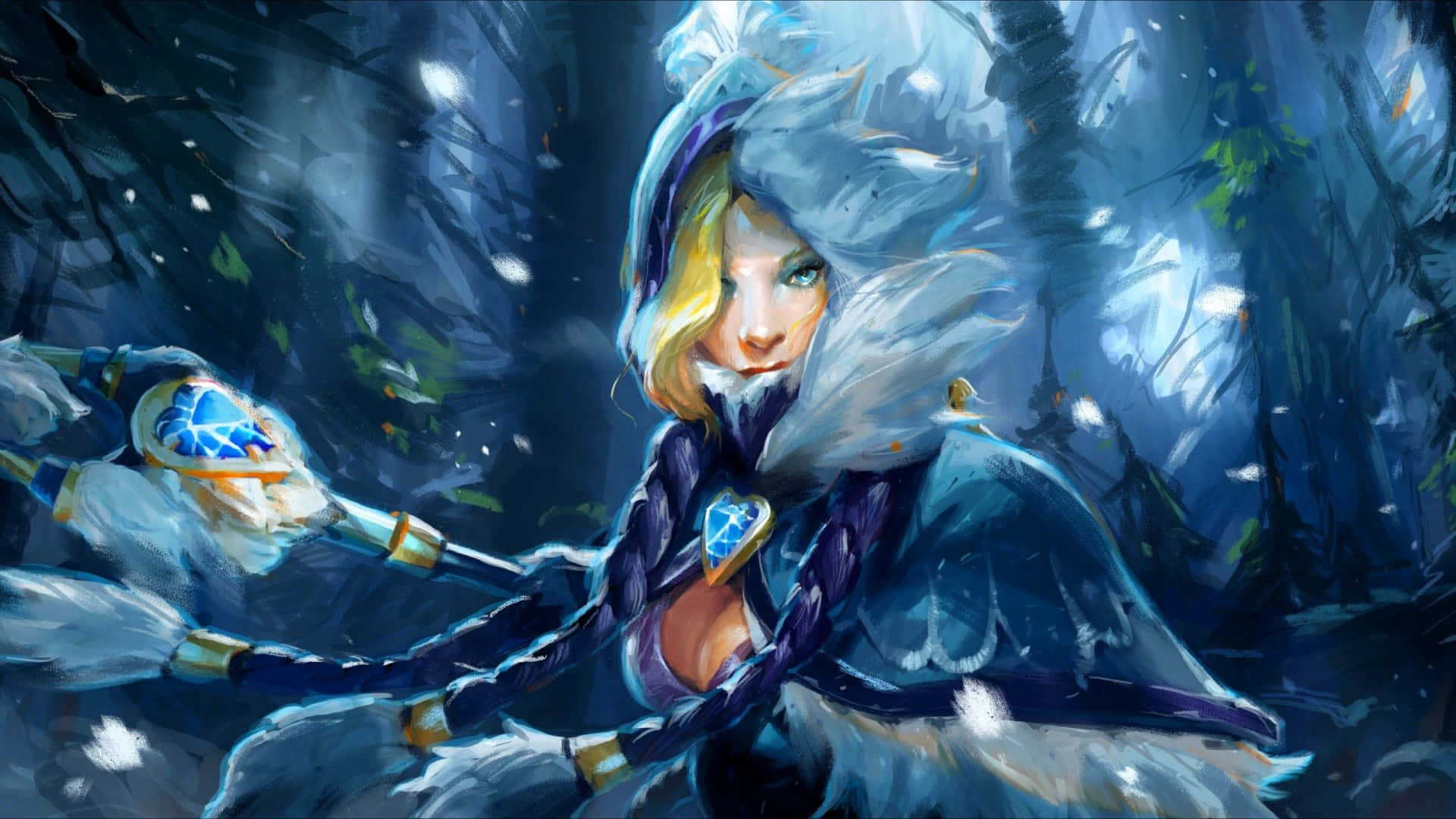 雪地森林中揮舞發光法杖的冰霜戰士