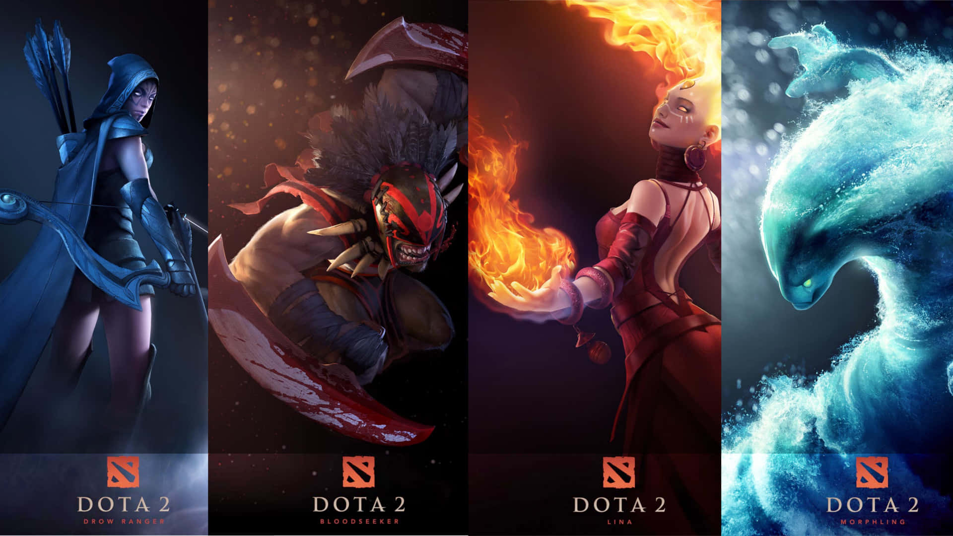 四位 Dota 2 角色在黑暗奇幻藝術中展示元素力量。