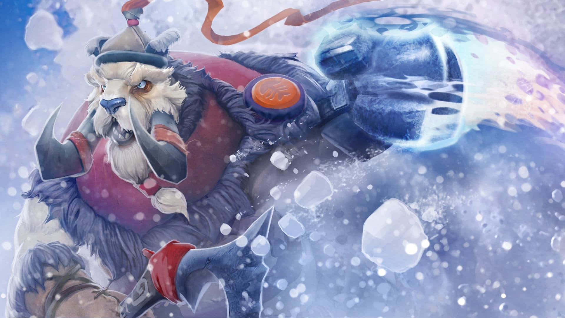 毛茸茸的雪獸戰士在暴風雪中揮舞冰錘