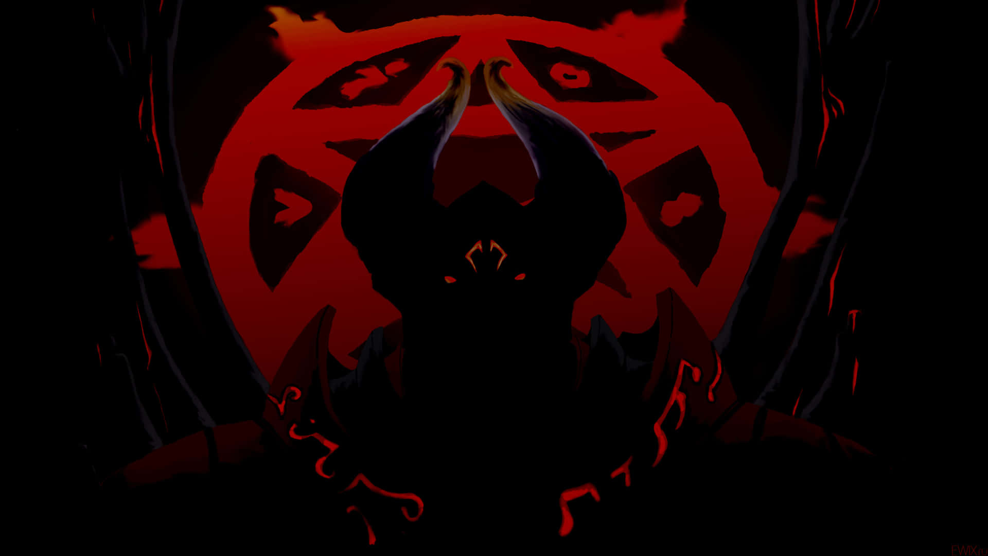 1920x1080 Dota 2 道姆紅色五芒星背景 壁紙 — 一個帶有發光眼睛的長角人物的黑暗剪影，站在陰影中一個威脅性的紅色圓形符號前。