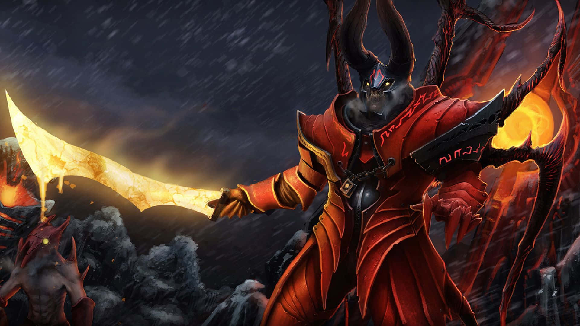 1920x1080 Dota 2 Doombringer 背景 壁紙 — 一個身穿紅色盔甲的惡魔戰士，在風暴戰場上揮舞著發光的劍，背後有火焰翅膀和黑暗的天空。