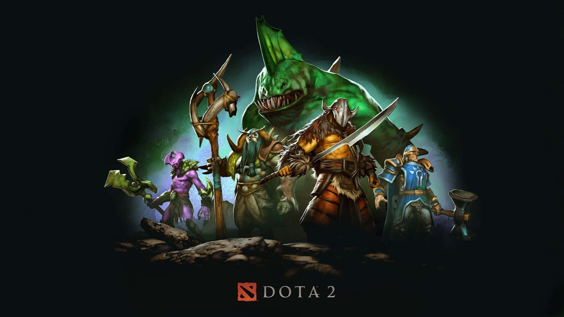 Dota 2英雄和一個巨大怪物在黑暗的奇幻戰鬥場景中。