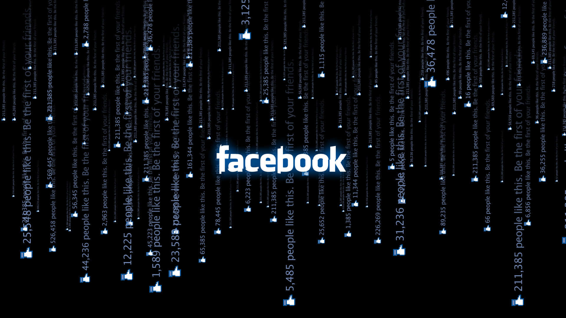 1920x1080 社交媒體背景 Facebook 藍色矩陣效果 壁紙 — Facebook 標誌在黑色背景上發出白色光芒，並有層疊的數位通知顯示讚好和用戶數量。