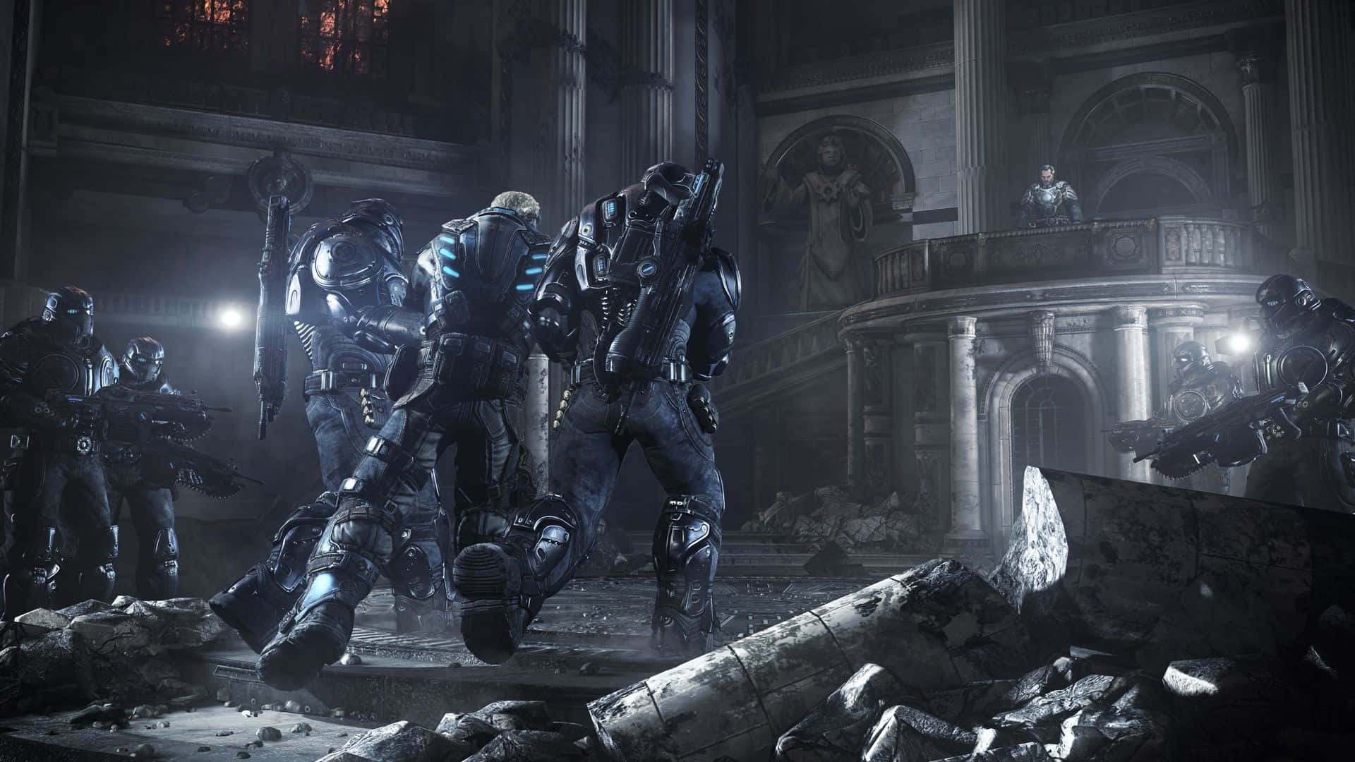 Gears of War 重甲士兵穿過廢墟般的大教堂前進。
