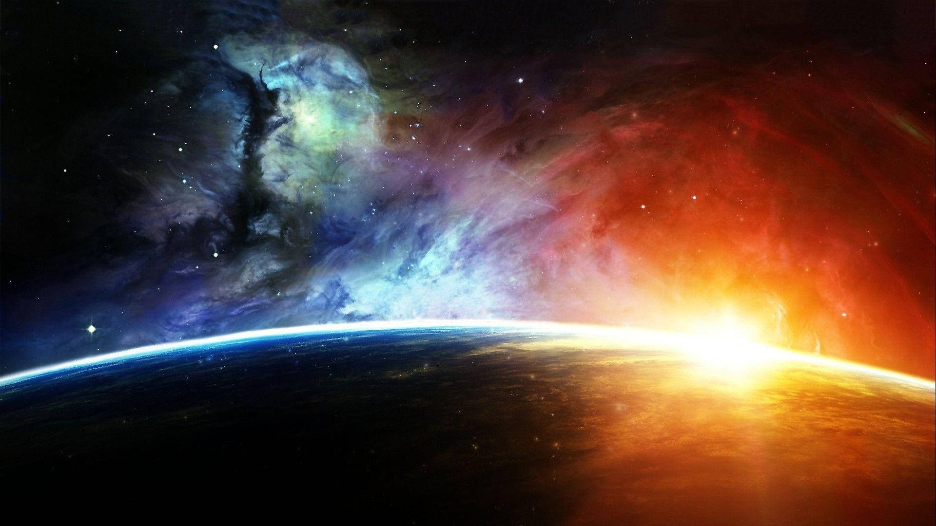 陽光射線1920x1080 HD太空 壁紙 — 一個充滿活力的宇宙日出，在行星彎曲的地平線上，有藍色、綠色和火紅色的旋轉星雲。