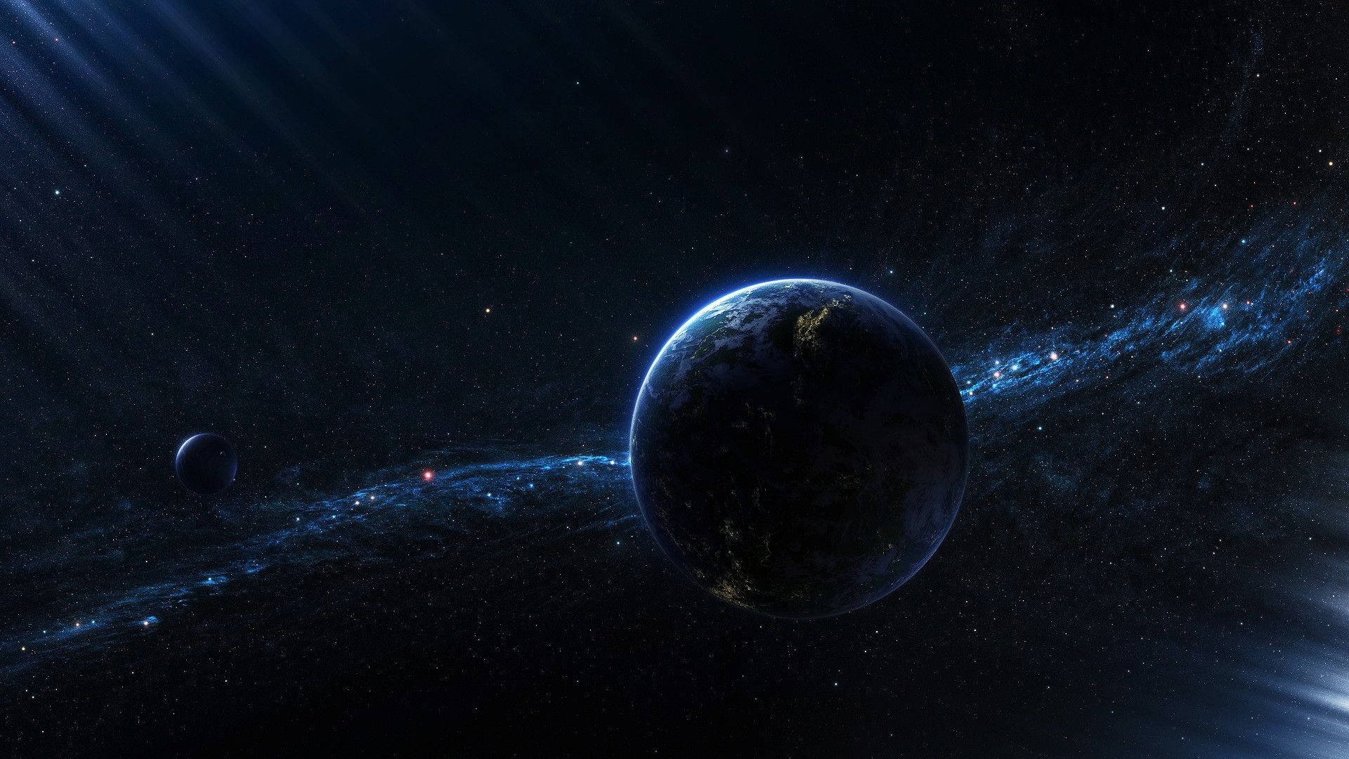 1920x1080 HD 太空地球 壁紙 — 一顆雄偉的行星，帶有發光的藍色極光和遙遠的恆星，沐浴在宇宙光中，背景是繁星點點的虛空。