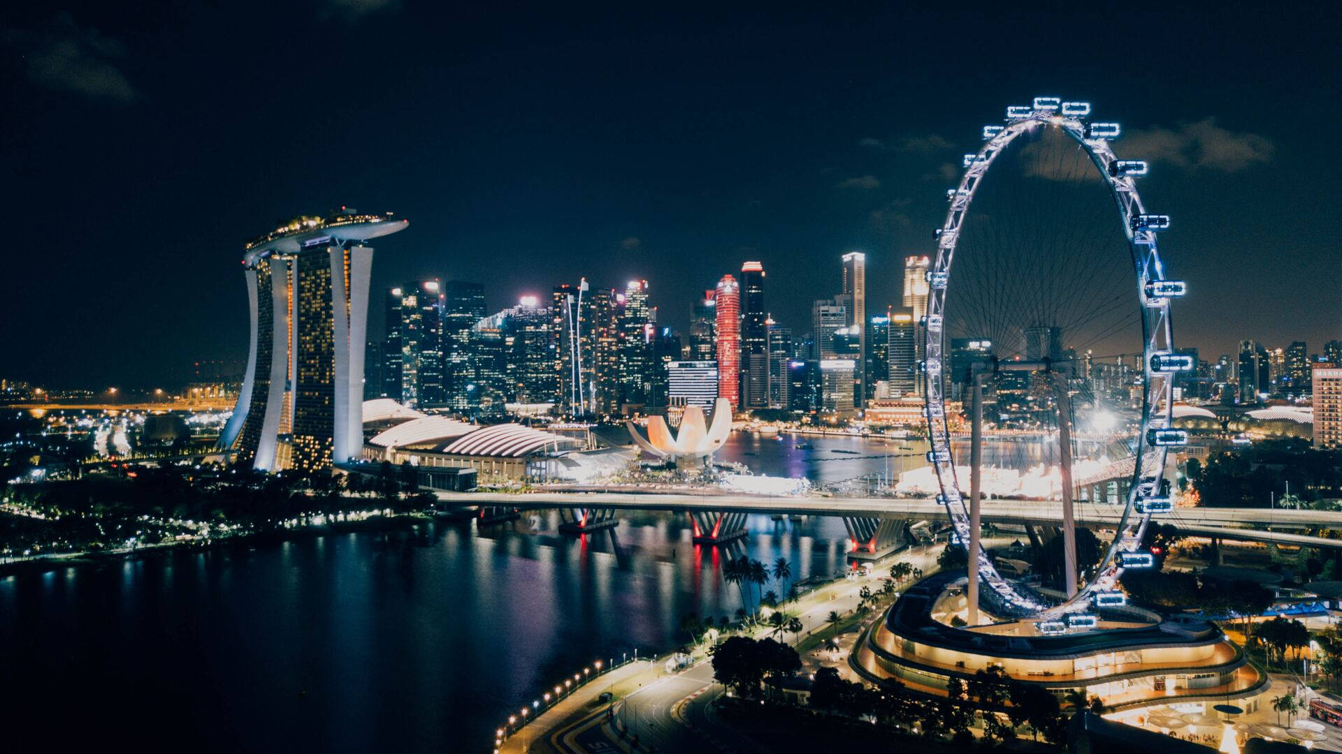 1920x1080 HD 新加坡天際線夜景 壁紙 — 新加坡天際線的迷人夜景，濱海灣金沙和新加坡摩天觀景輪在黑暗的天空下閃耀。