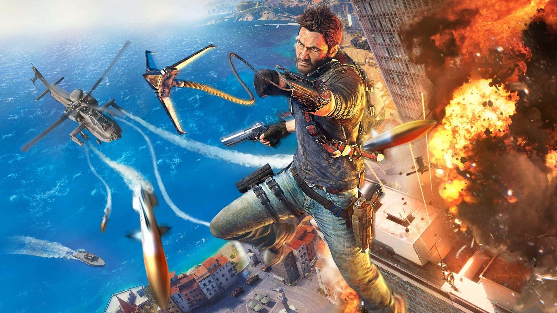 1920x1080 Just Cause 4 背景 直升機 壁紙 — 一個粗獷的男人在海濱城市上空跳躍，爆炸爆發，直升機在下方發射導彈。