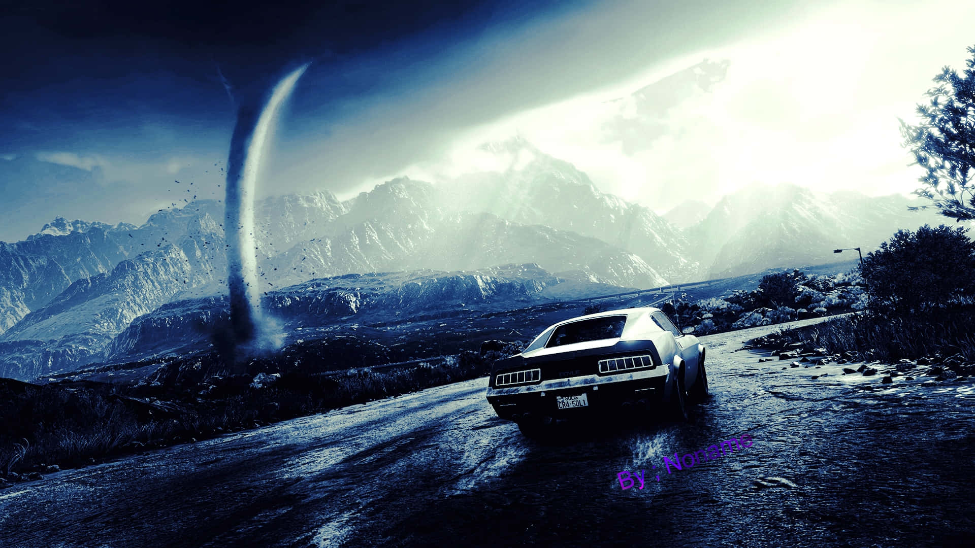1920x1080 Just Cause 4 背景 黑暗道路 壁紙 — 一輛白色肌肉車沿山路疾馳，旁邊在戲劇性的天空下形成巨大龍捲風。