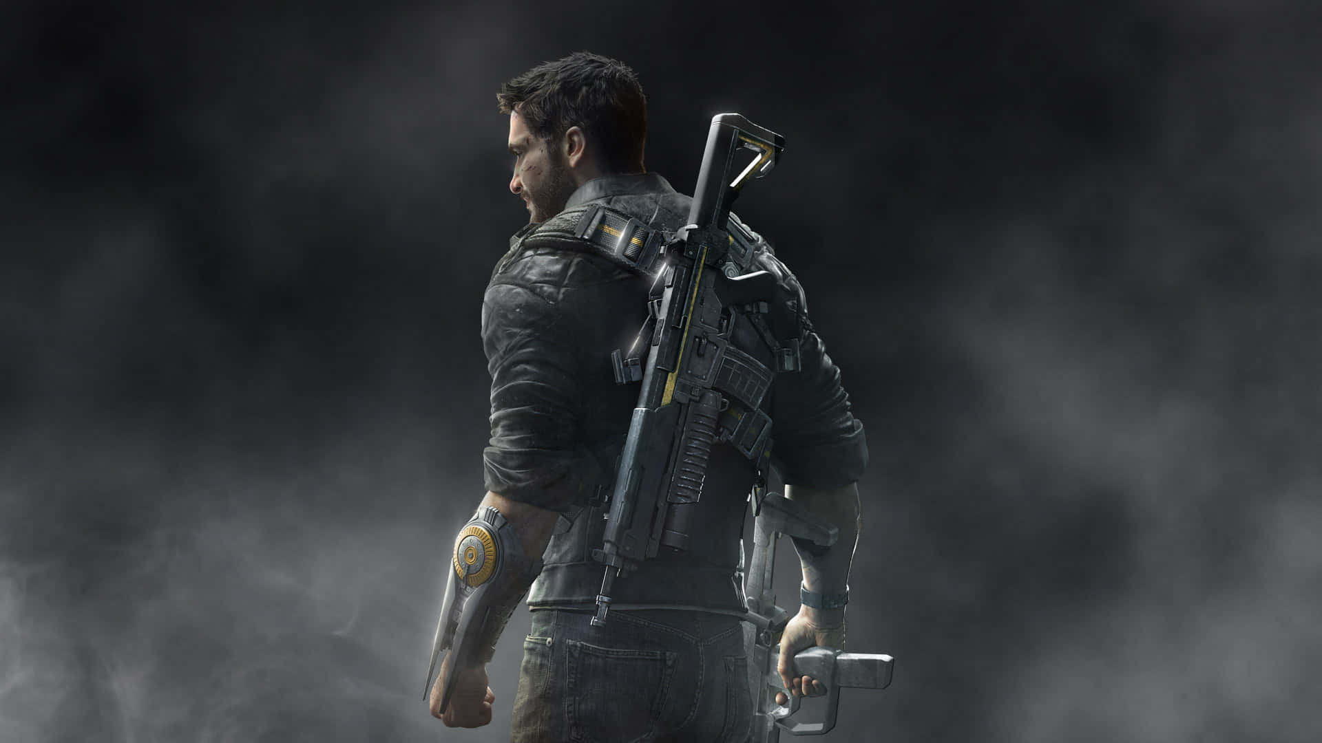 1920x1080 Just Cause 4 背景 霧氣 壁紙 — 一名身穿戰術裝備的強悍士兵，在煙霧瀰漫的黑暗中手持步槍和手榴彈。