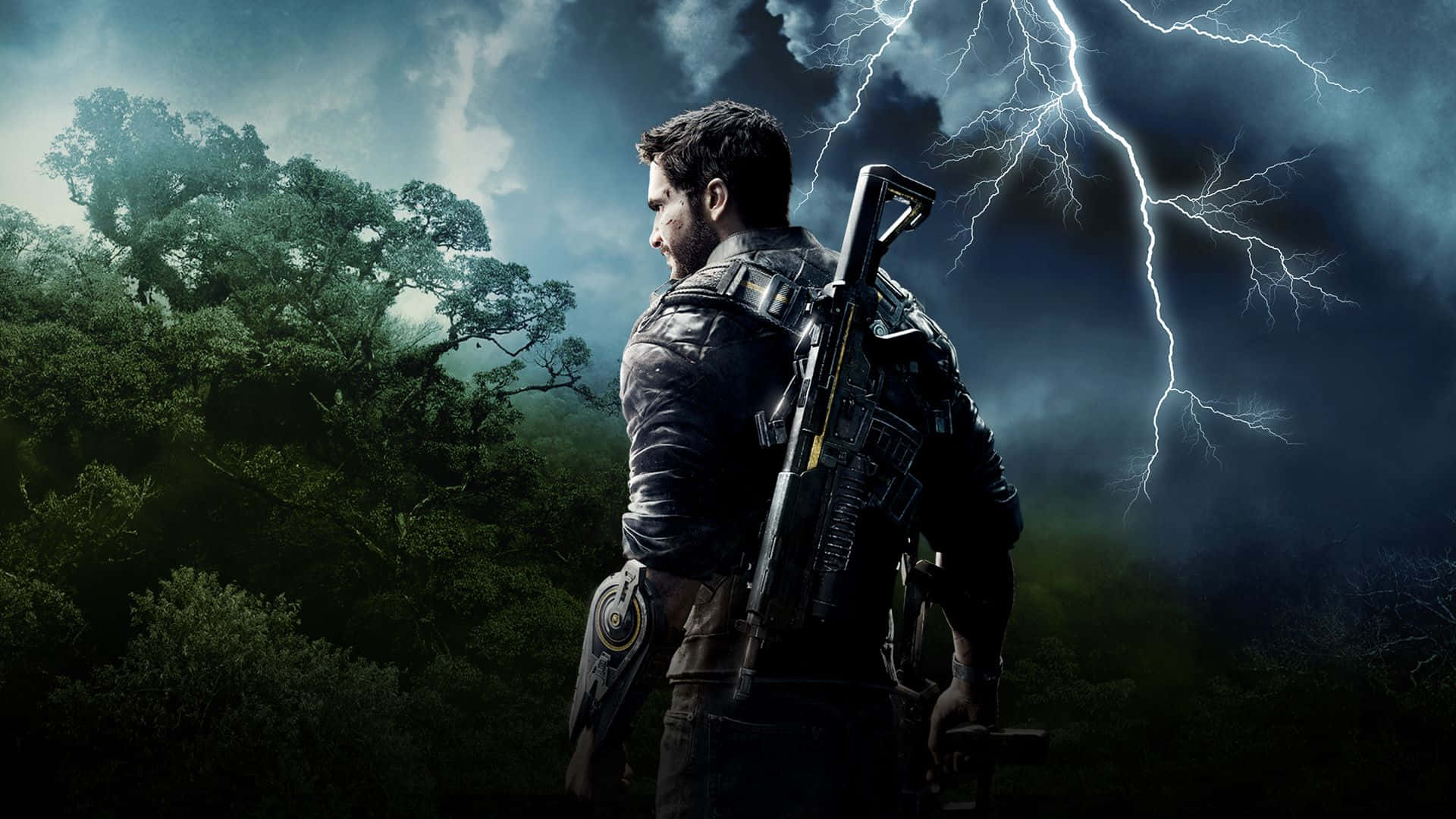 1920x1080 Just Cause 4 背景 雷電 壁紙 — 一名持步槍的士兵站在暴風雨的森林中，閃電劃過黑暗的天空。