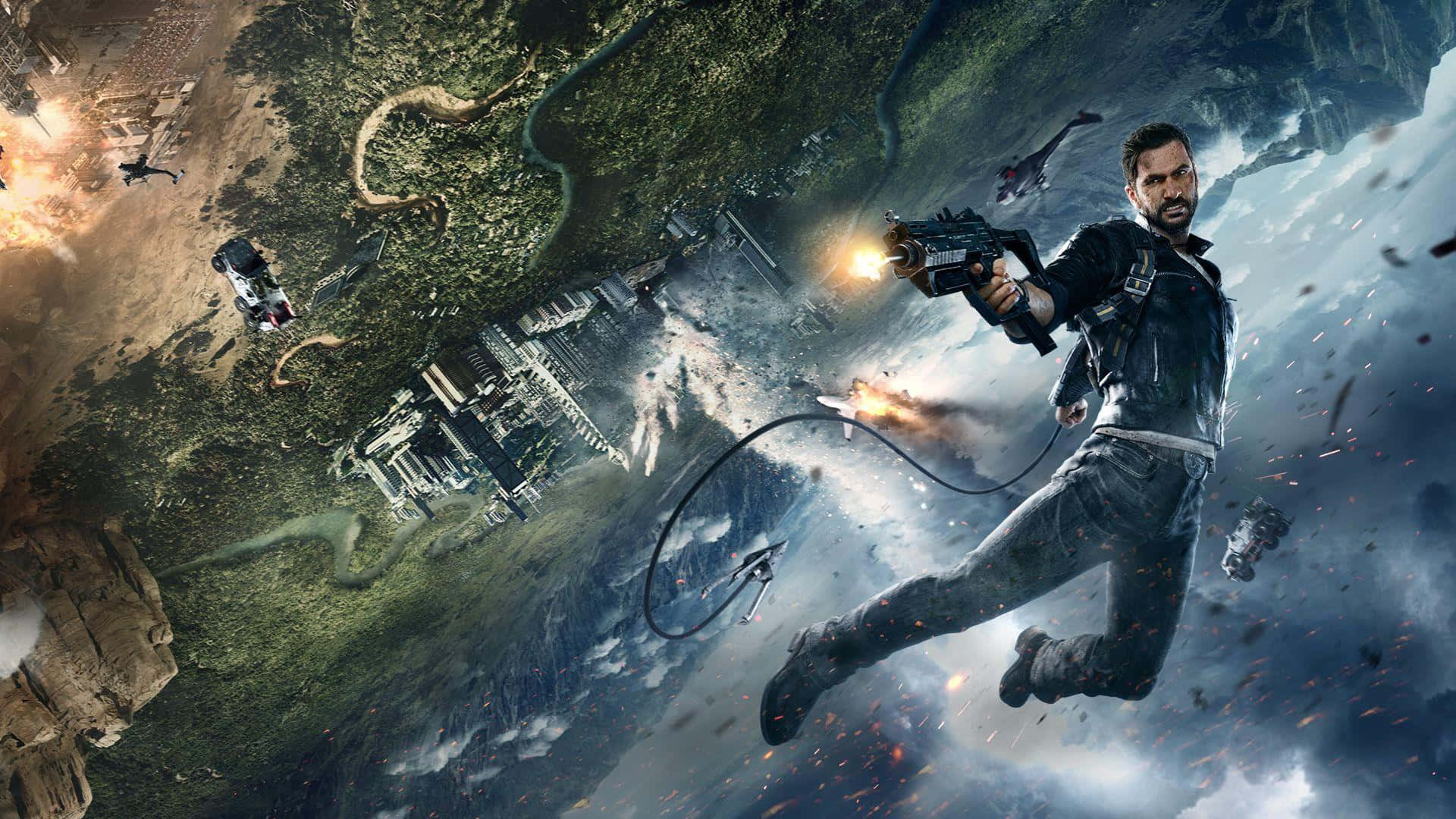 1920x1080 Just Cause 4 動態背景 壁紙 — 一個穿著皮褸嘅男人喺跌落一個被爆炸同碎片破壞嘅城市景觀時開槍。