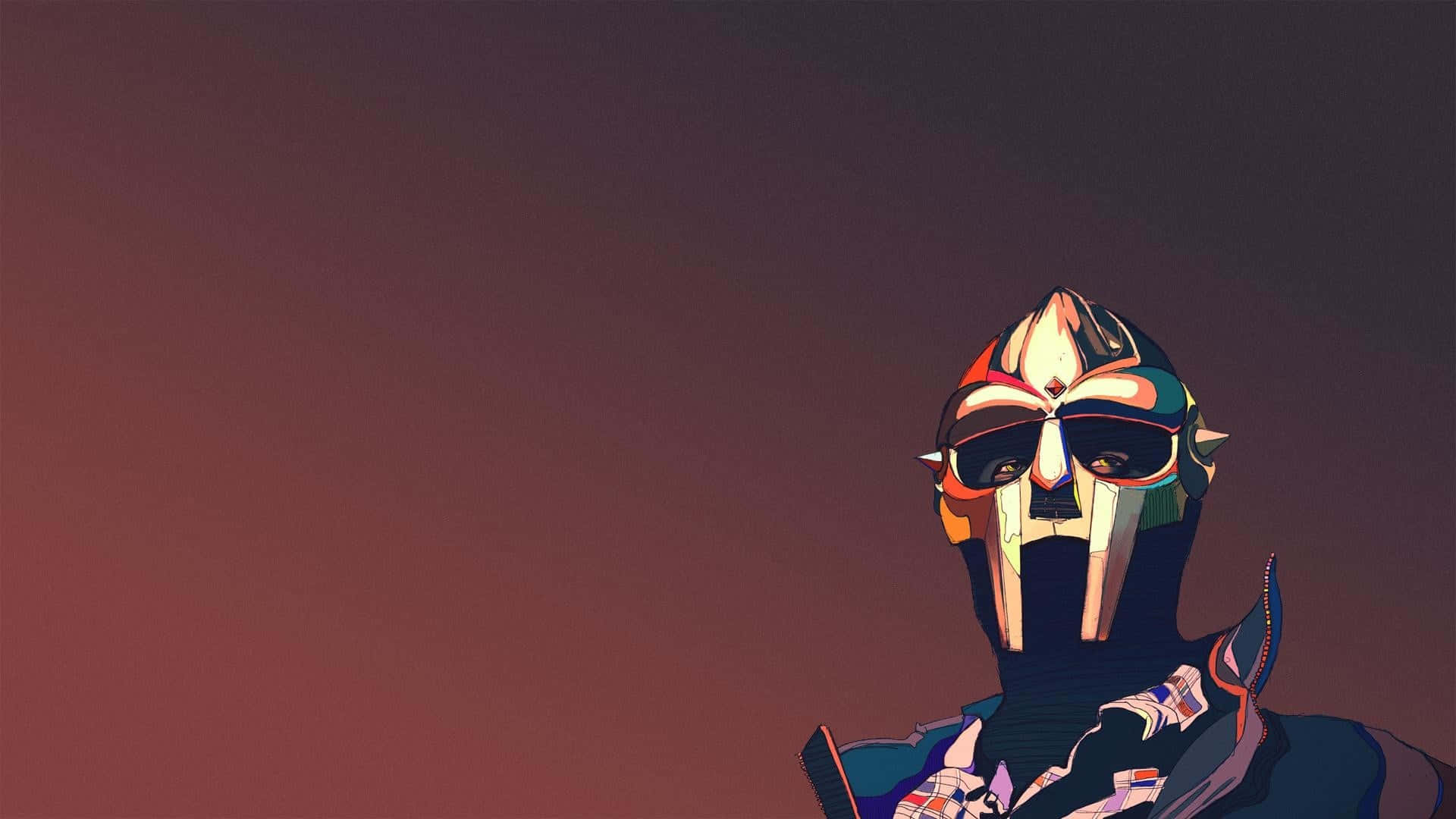 1920x1080 MF Doom 粉絲藝術照背景 壁紙 — 一個風格化的動漫角色，戴著彩色頭盔和深色面罩，站在漸變日落天空前。