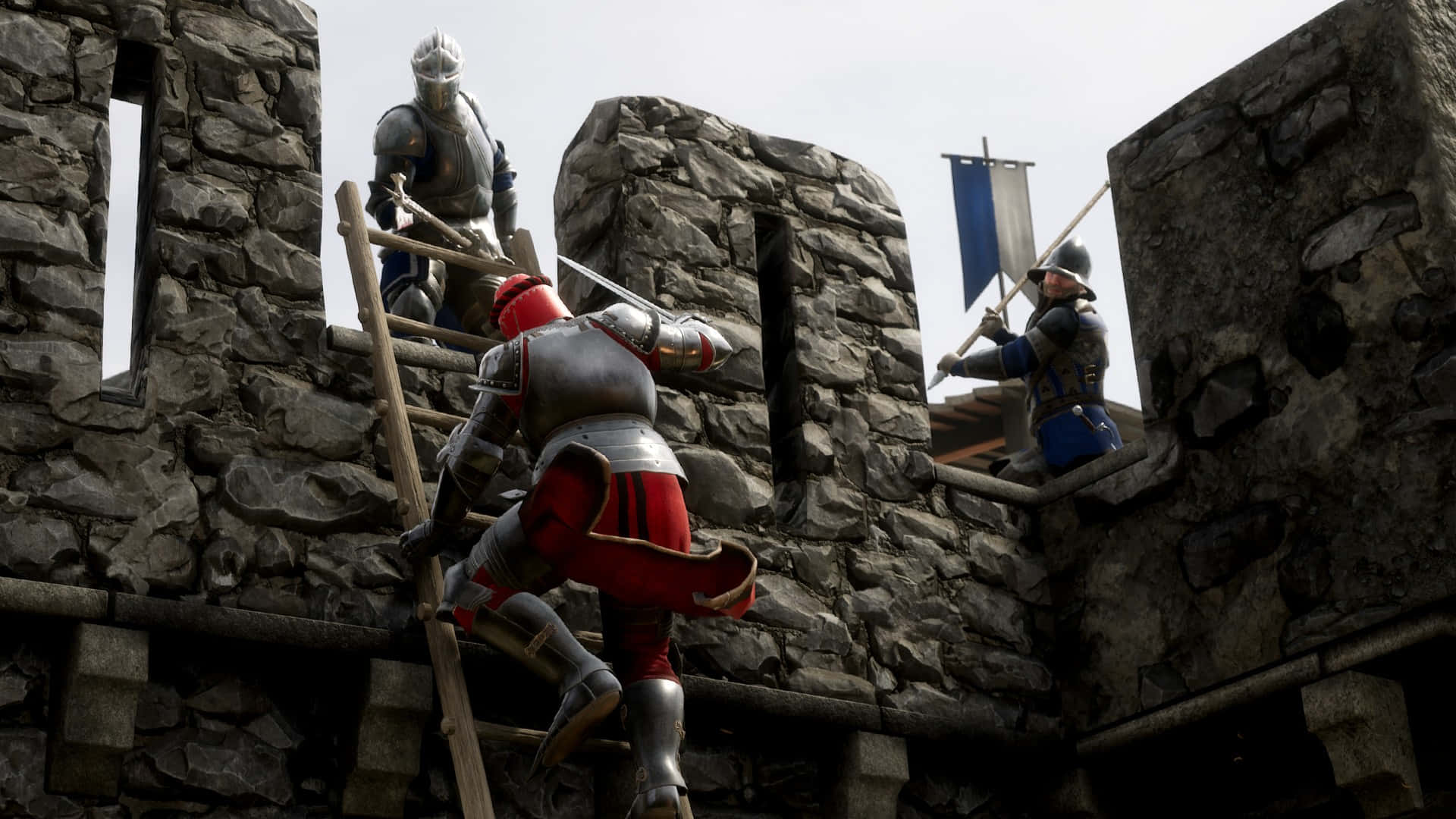 1920x1080 Mordhau 階梯石牆背景 壁紙 — 一名身穿紅銀盔甲的騎士爬上木梯，朝向石城堡的城垛，而身穿盔甲的守軍正準備擊退進攻。