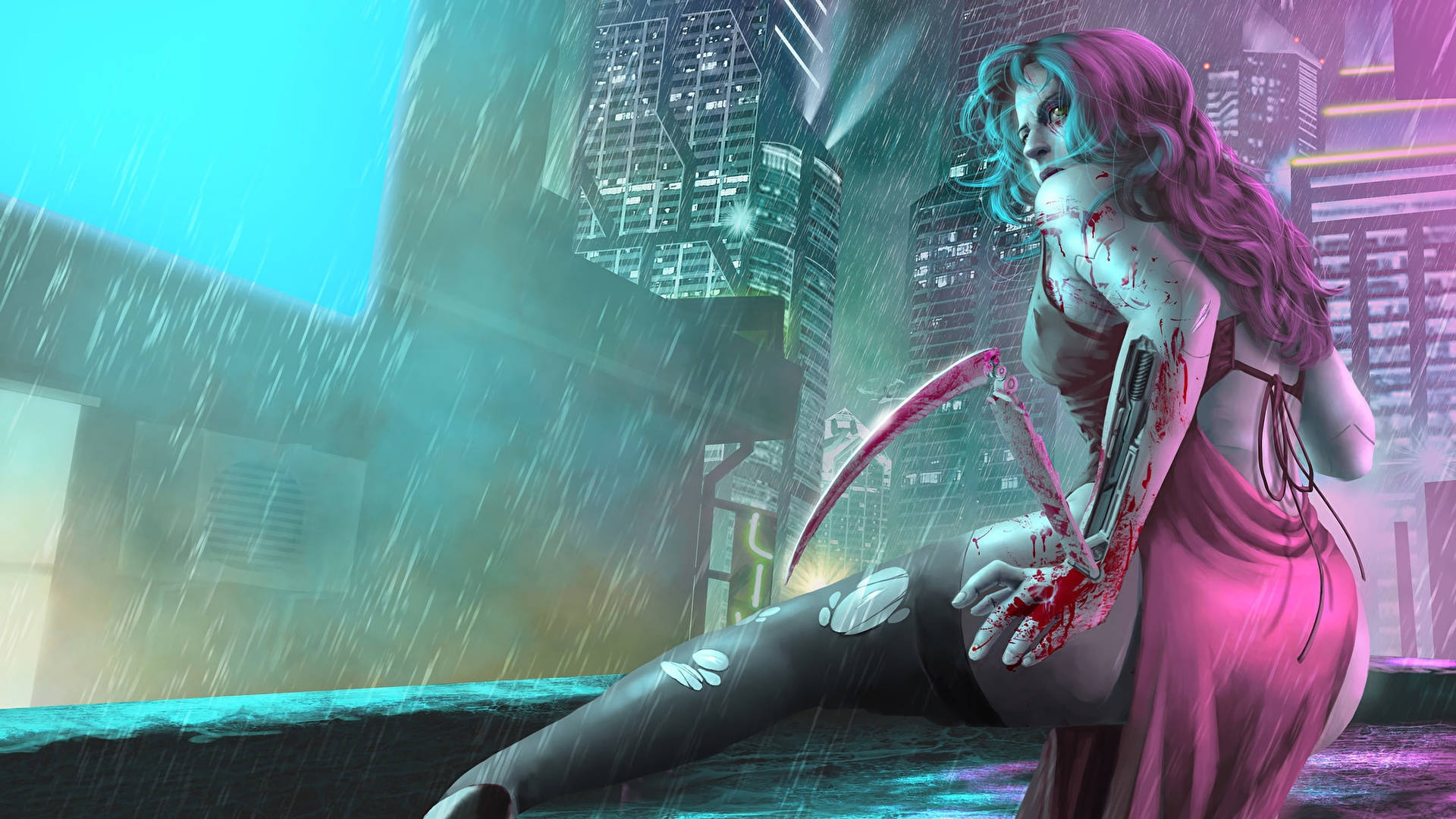 女機械人賽博龐克 1920x1080 數位藝術 壁紙 — 一位粉紅頭髮、手臂沾血的賽博龐克女性坐在雨中，背景是霓虹燈閃爍的摩天大樓。