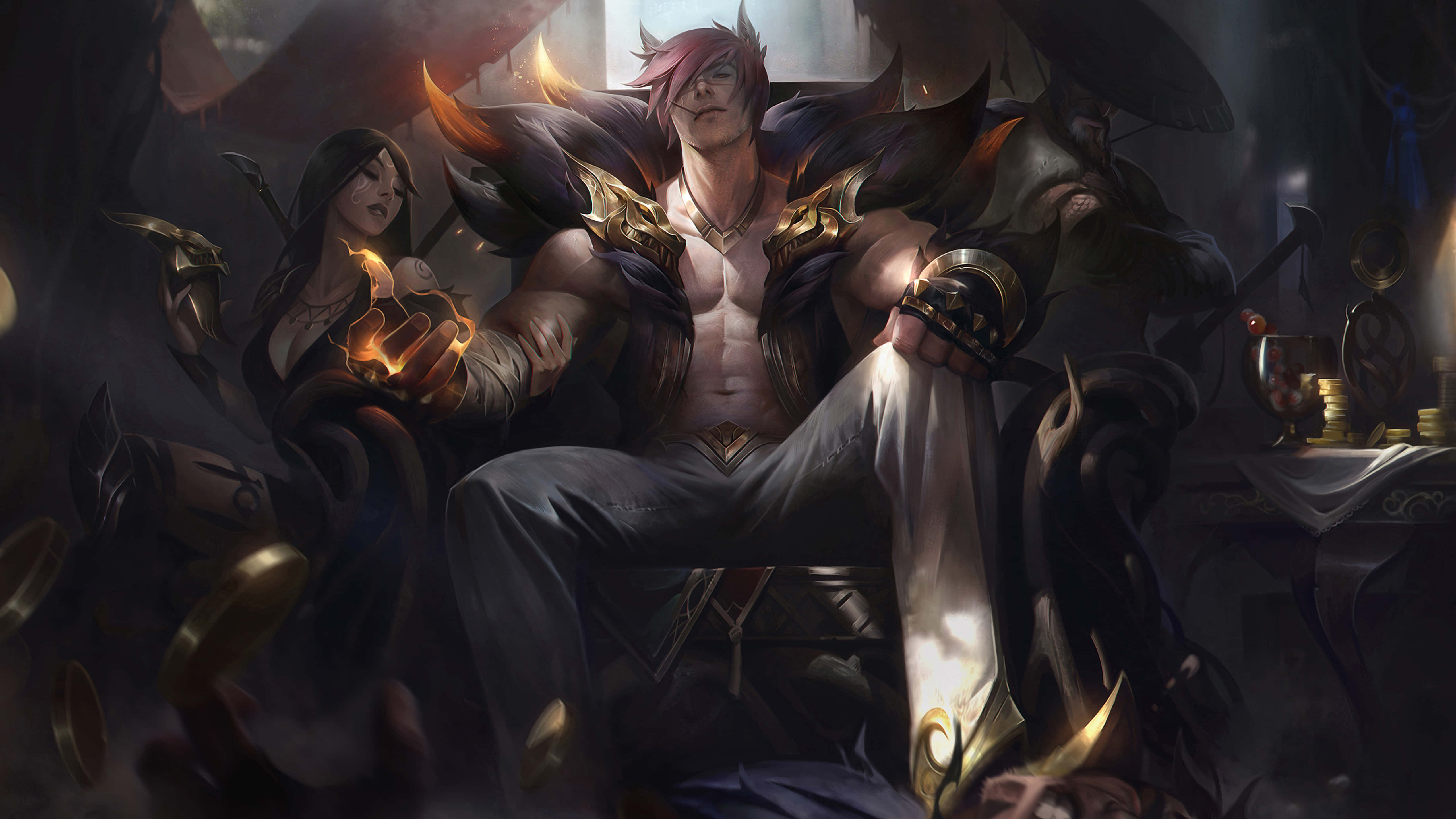 英雄聯盟 1920x1080 遊戲壁紙：賽特坐王座 壁紙 — 一位肌肉發達的奇幻戰士，紅髮金甲，自信地坐在昏暗的王座廳中，四周是飄落的金幣和陰影人物。