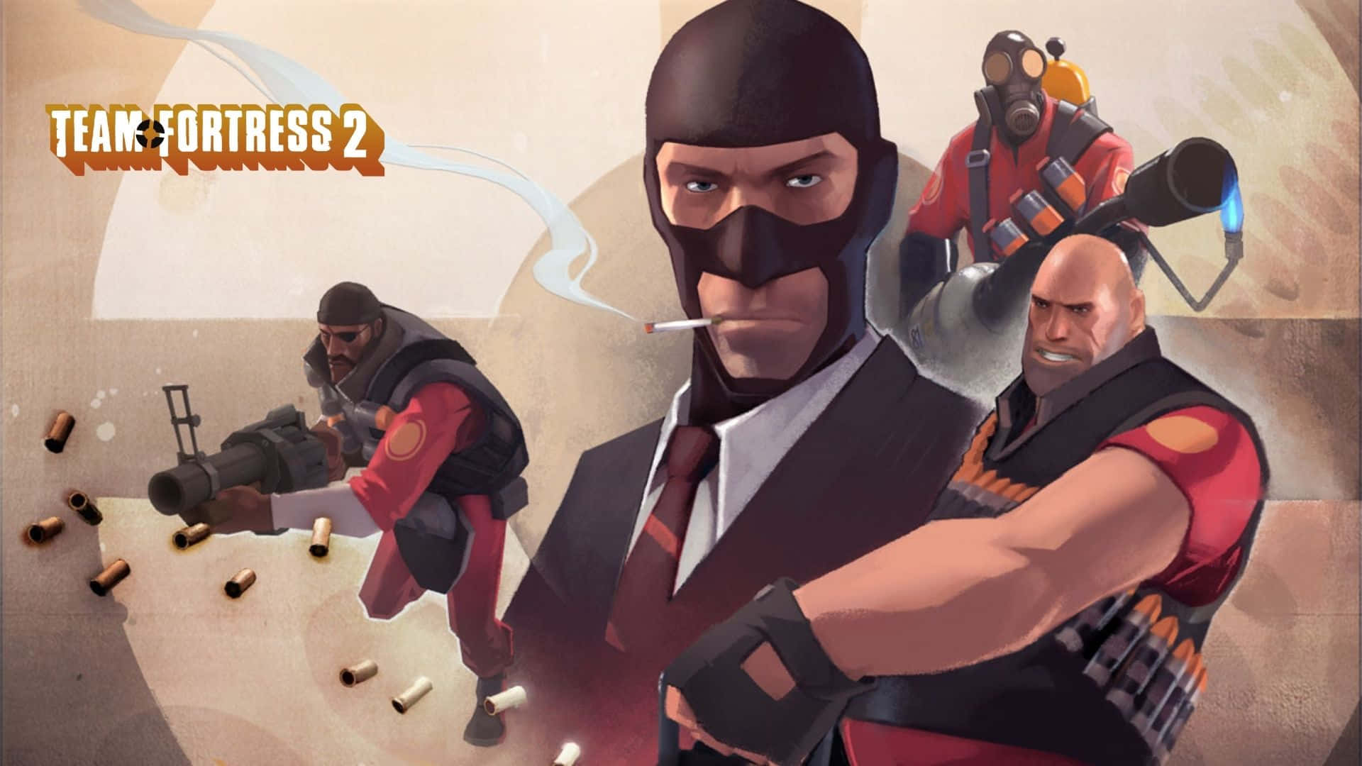 四個 Team Fortress 2 角色穿著戰鬥裝備，手持槍支和子彈殼。