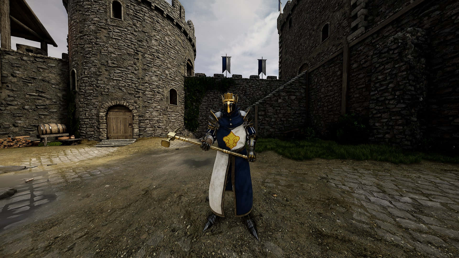1920x1080 中世紀建築 Mordhau 背景 壁紙 — 一位身穿全套盔甲的騎士站在石頭城堡庭院中，在陰天手持狼牙棒。