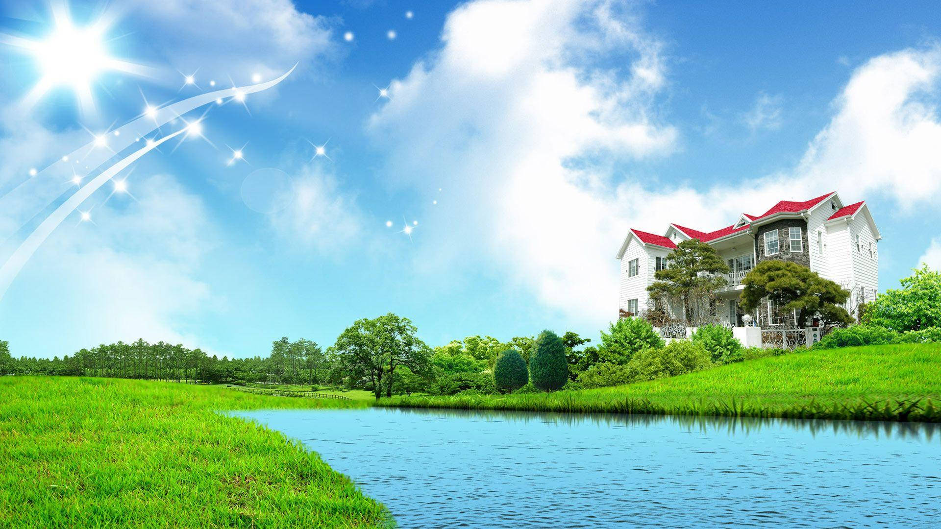 1920x1080 全高清河畔小屋 壁紙 — 一間明亮的白色房屋，紅色屋頂，坐落在平靜的河邊，上方是生動的藍天，有蓬鬆的雲朵和燦爛的太陽。