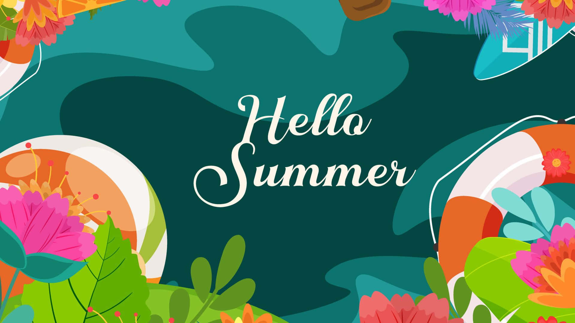Hello Summer 問候語，配有熱帶花朵、救生圈和衝浪板，色彩明亮。