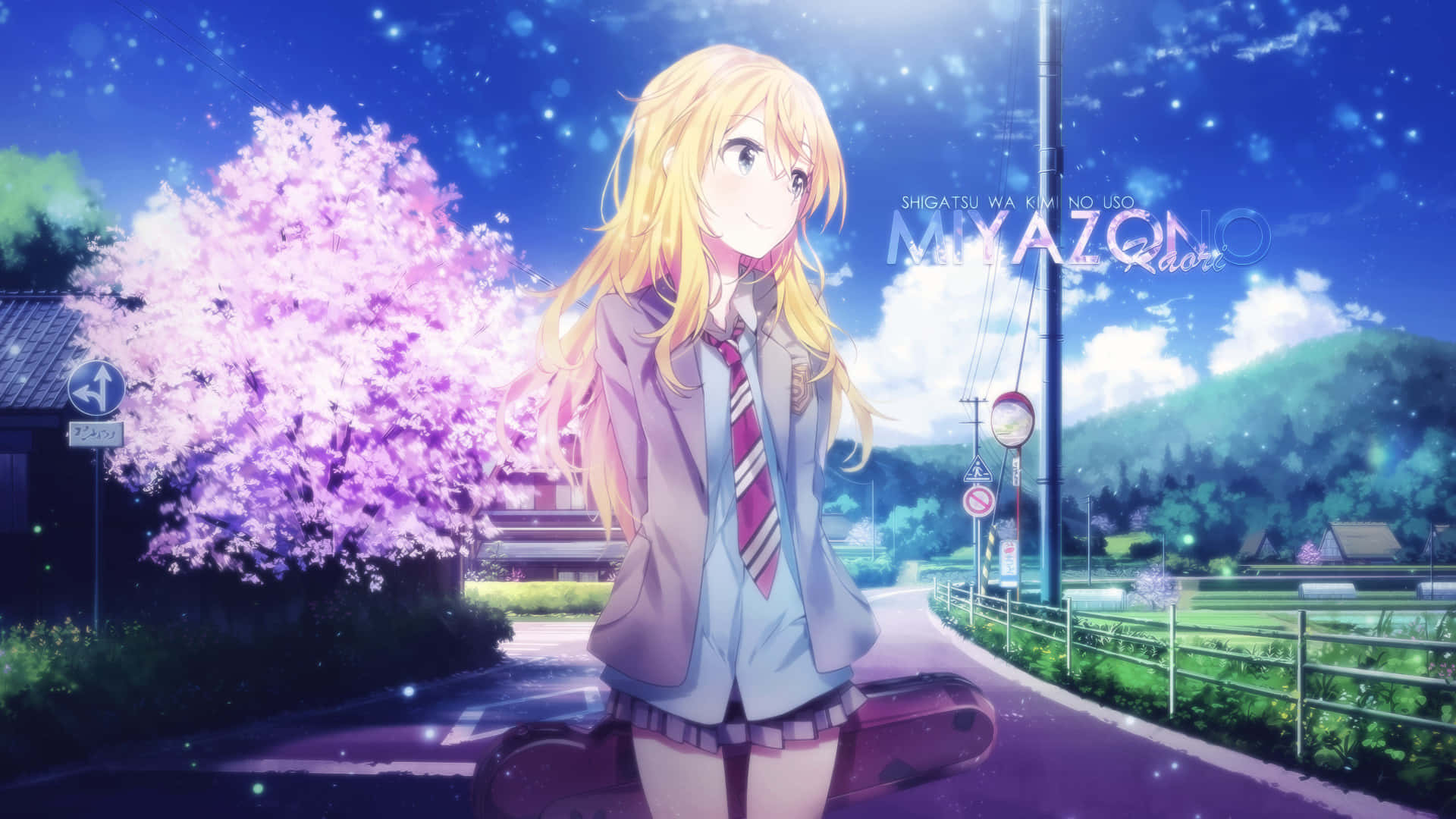 1920x1080 動畫《四月是你的謊言》宮園薰 壁紙 — 一個微笑的動漫女孩穿著校服，站在發光的櫻花樹旁，背景是星光燦爛的黃昏天空。