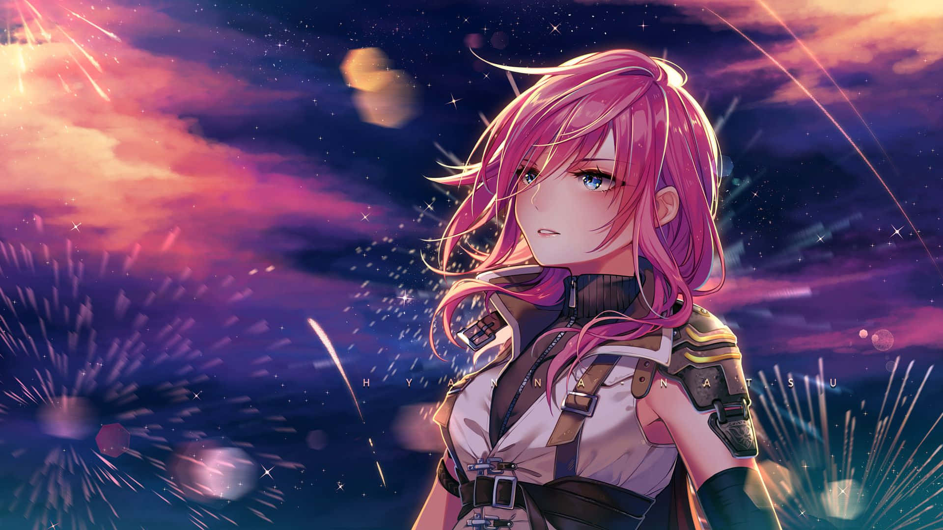 1920x1080 動畫《最終幻想XIII》雷光 壁紙 — 一位粉紅色頭髮的動漫女孩穿著戰術裝備，平靜地凝視著充滿煙火和星星的鮮豔暮色天空。