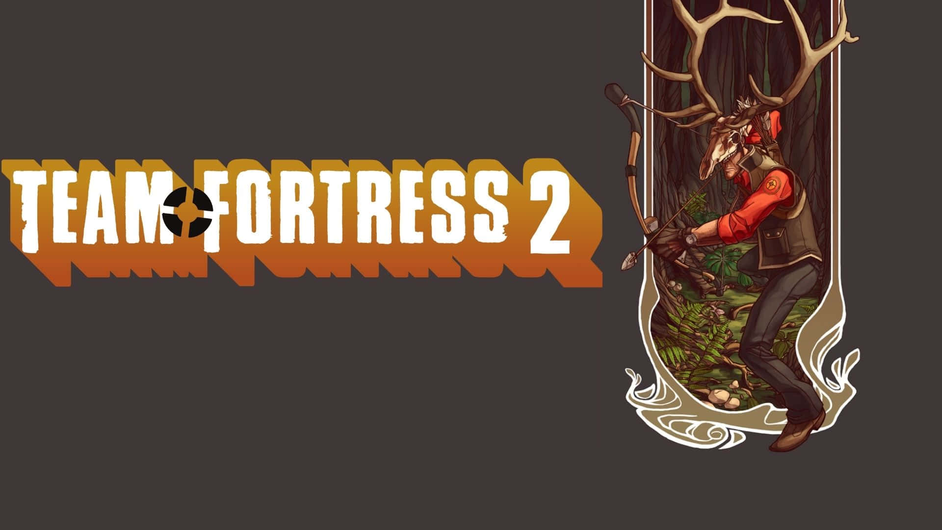 鹿頭弓箭手在森林中瞄準弓箭，旁邊是 Team Fortress 2 標誌。