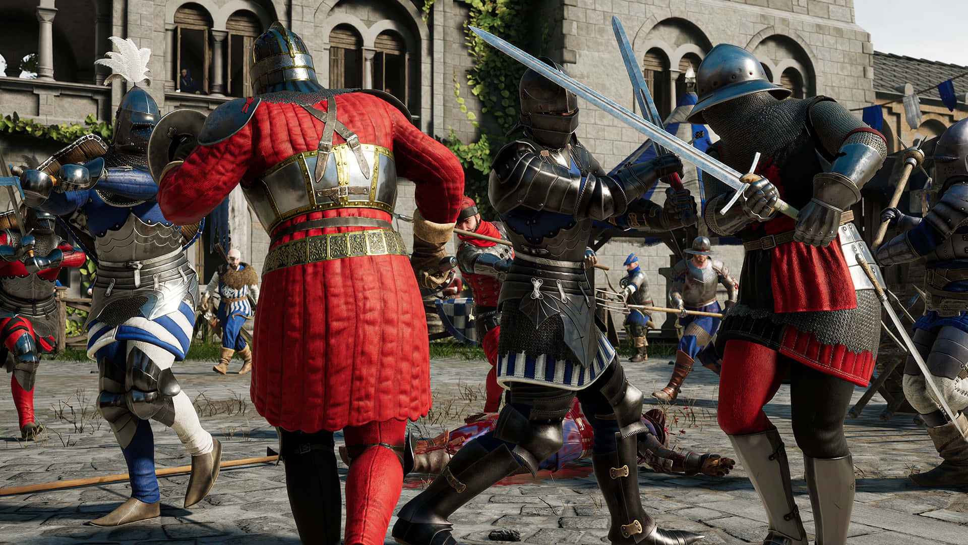 1920x1080 城堡外戰鬥 Mordhau 背景 壁紙 — 身穿全副盔甲的中世紀騎士在哥德式石造建築前的石頭庭院中用劍交鋒。