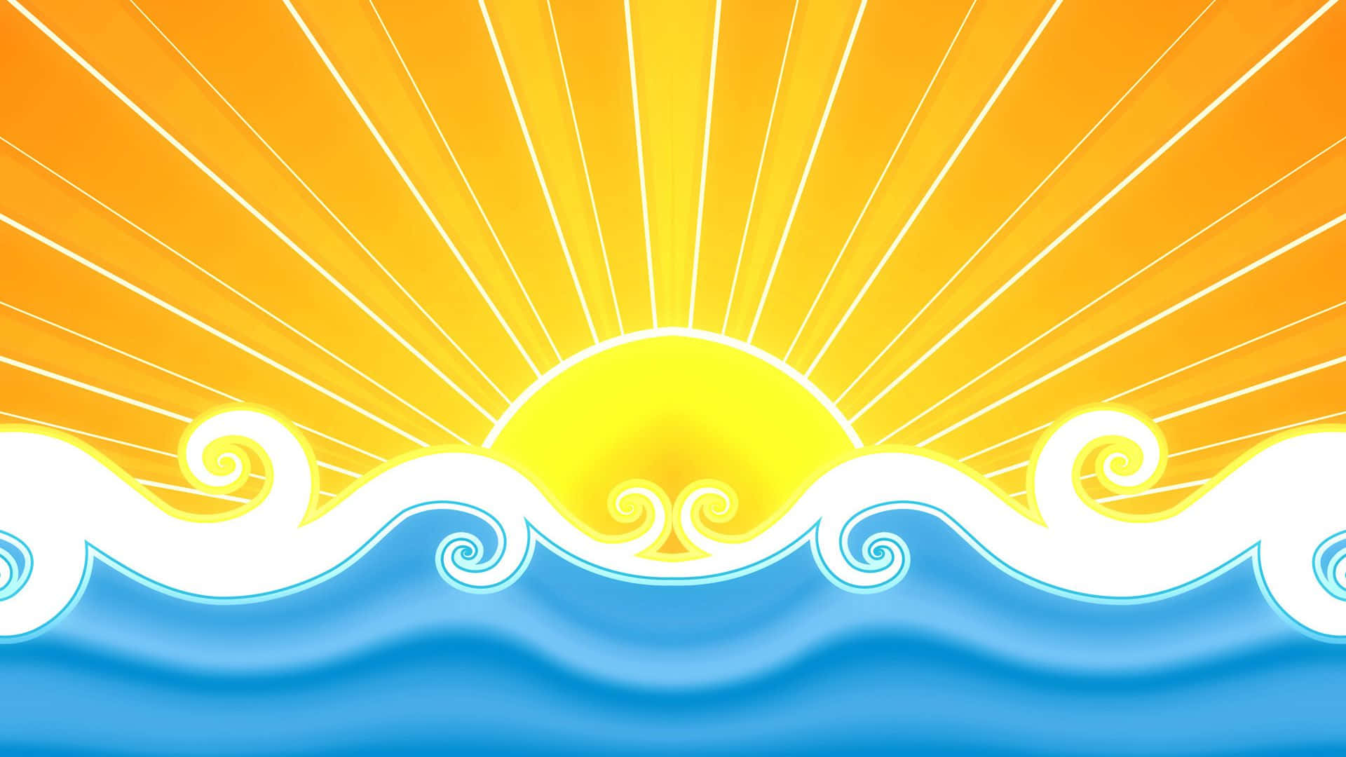 太陽在風格化的海洋波浪上升起，色彩發光。