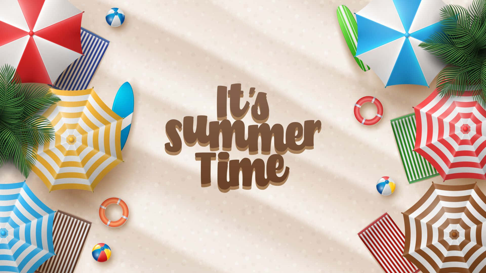 夏日沙灘場景，沙灘上有色彩繽紛的傘和玩具。