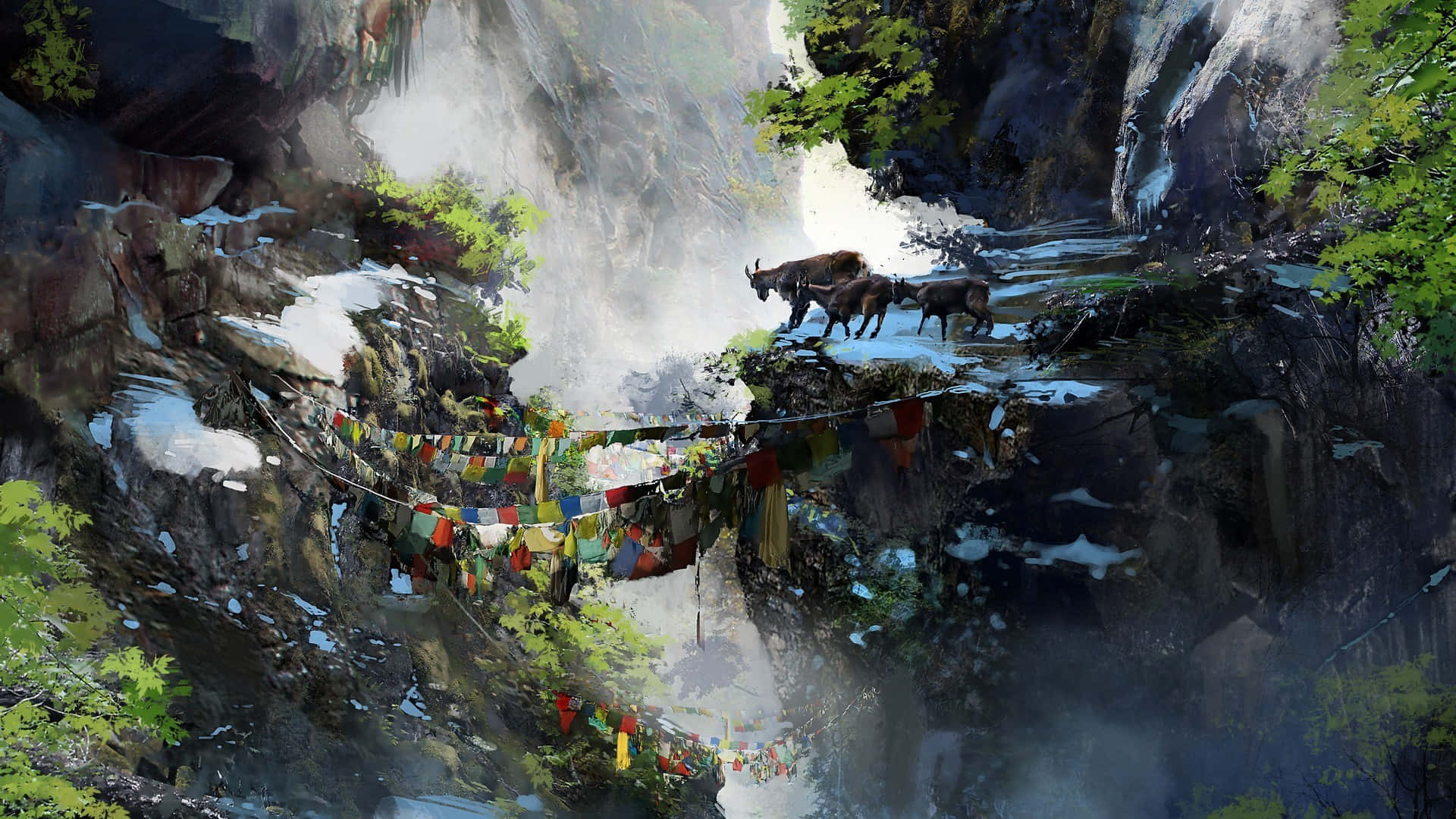 1920x1080《孤島驚魂4》懸崖背景 壁紙 — 一道雄偉的瀑布從霧氣瀰漫的山峽中傾瀉而下，峽谷點綴著色彩繽紛的經幡和正在吃草的氂牛。