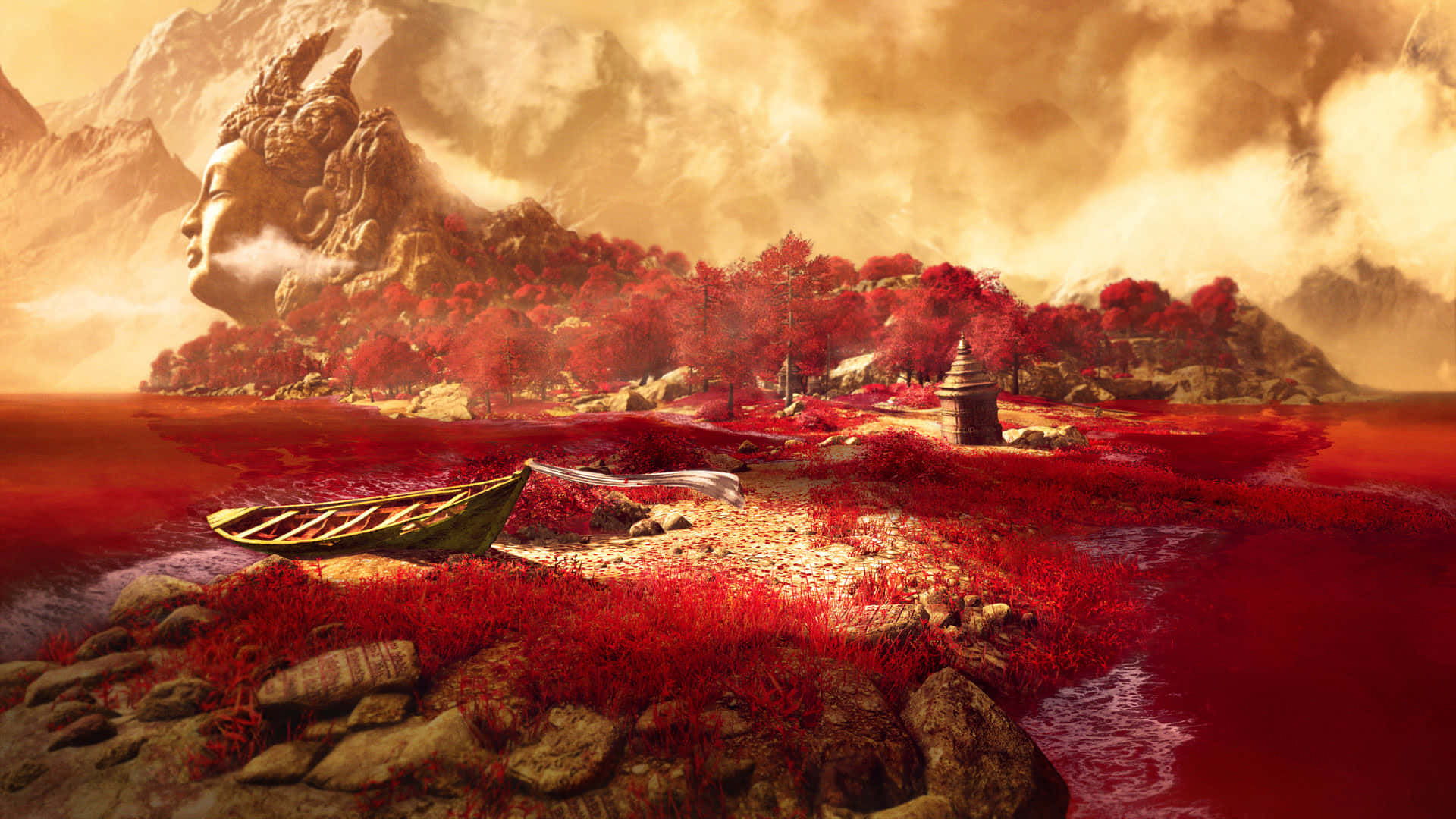 1920x1080《孤島驚魂4》背景：紅樹 壁紙 — 一個超現實的景觀，有巨大的佛陀頭山、紅色樹葉，以及一艘孤舟在金色雲彩下的深紅水面上。